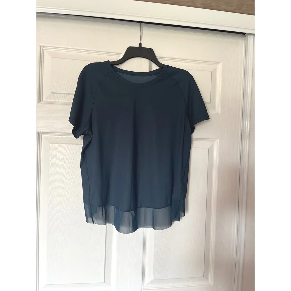 Lululemon Teal Short Sleeve Mesh Hem Crossover Tulip Back Activewear Top Womens